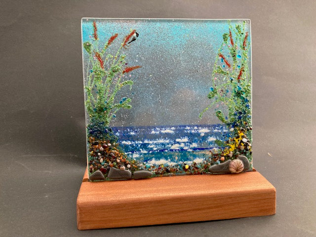 Seascape and flowers 15cm base by 15cm high